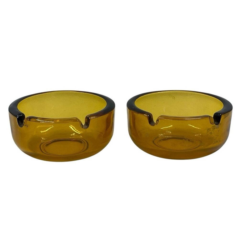 Vintage MCM Amber Glass Round Cigarette Ashtray 2 Slot w/Rounded Bottom Set Of 2